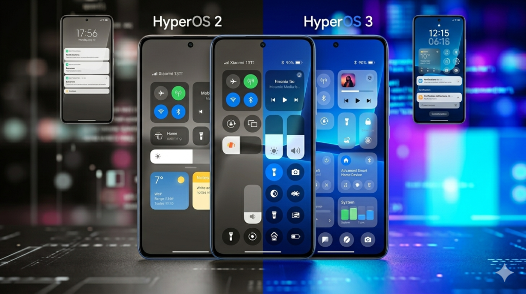 Comparação lado a lado da Central de Controle do HyperOS 2 e HyperOS 3 no Xiaomi 13T, mostrando novo design e mais opções