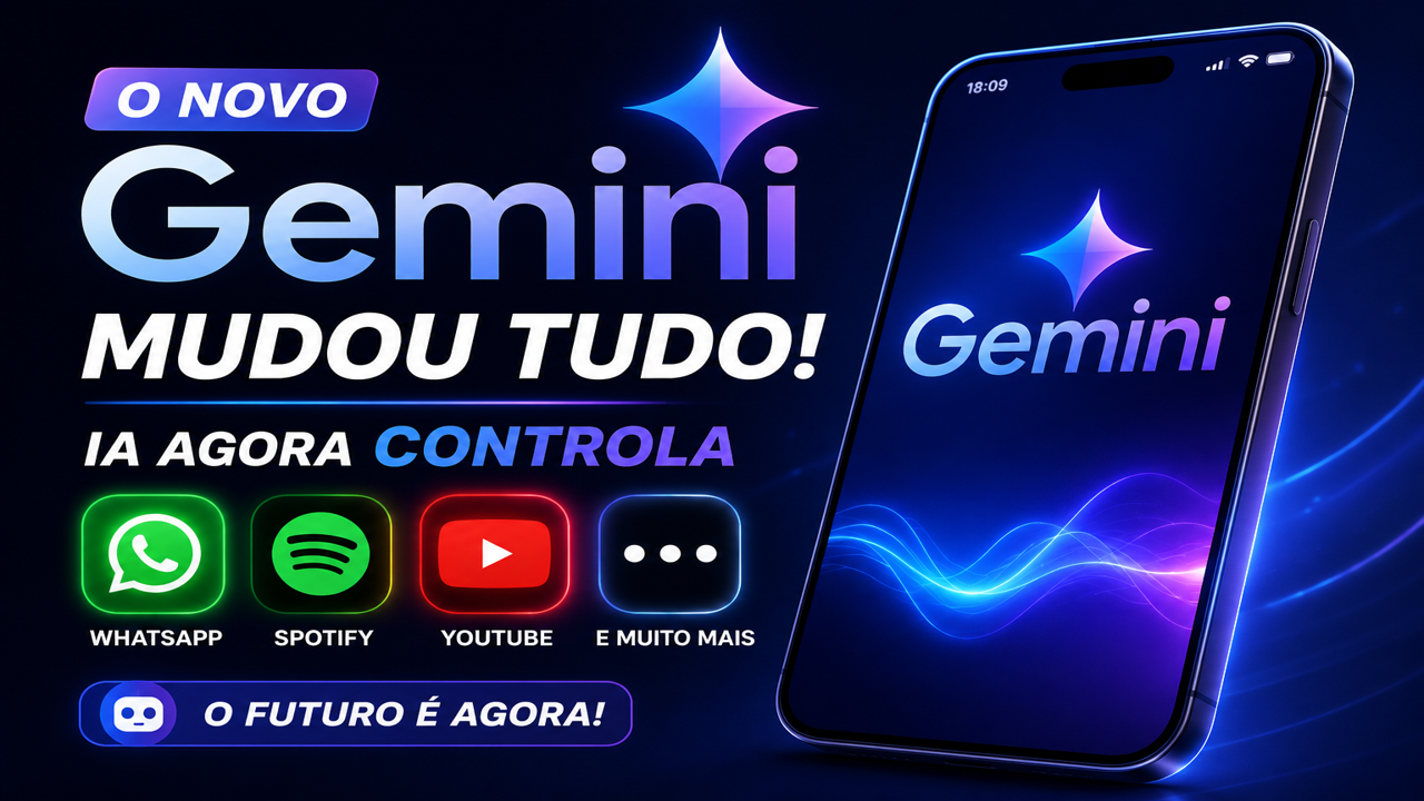 Imagem promocional do novo Gemini AI exibido em um smartphone moderno com interface futurista, mostrando integração com WhatsApp, Spotify, YouTube e outros aplicativos, em fundo neon azul para artigo sobre inteligência artificial do Google.
