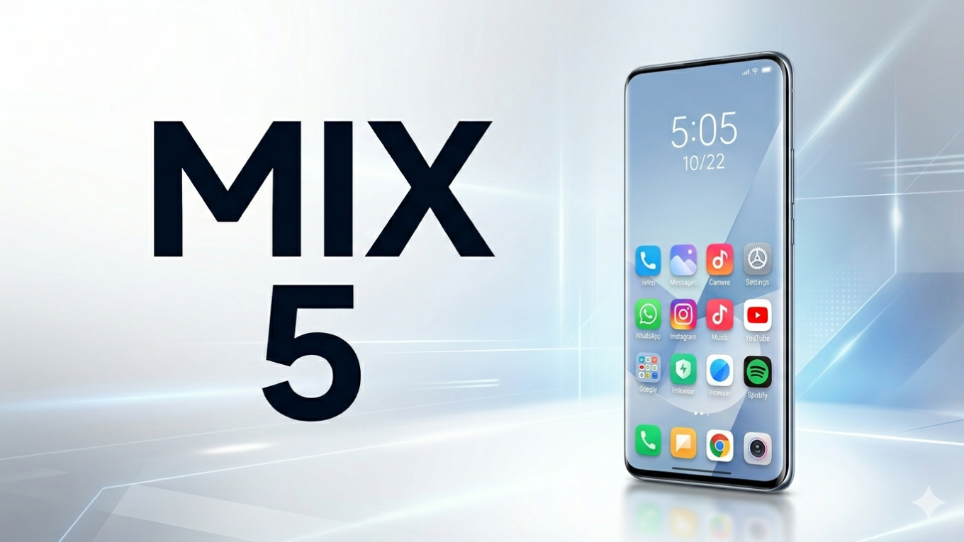 Renderização futurista de um smartphone premium com tela infinita e sem bordas, posicionado verticalmente à direita. O display exibe ícones de aplicativos coloridos e o horário 5:05 sobre um fundo tecnológico azul e branco. À esquerda, texto grande e negrito destaca 'MIX 5', ilustrando o vazamento do Xiaomi MIX 5 no Mi Code.