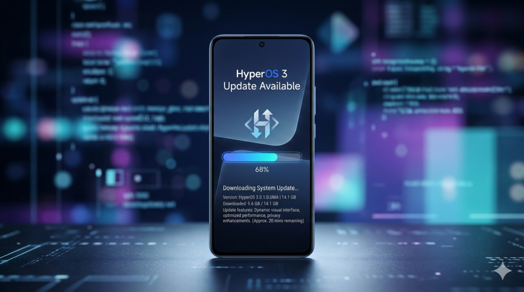 Tela do sistema mostrando a notificação de atualização HyperOS 3 disponível no Xiaomi 13T com barra de progresso