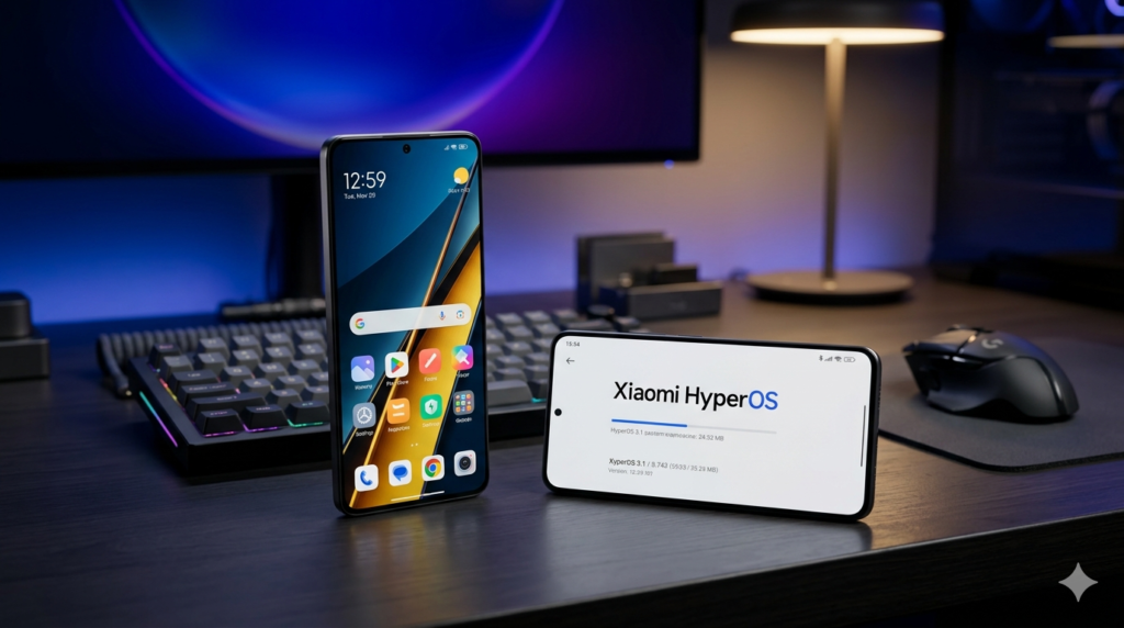 Dois smartphones Poco X6 Pro sobre uma mesa de escritório moderna com iluminação LED. O aparelho da esquerda exibe a tela inicial colorida do HyperOS, enquanto o da direita, deitado na horizontal, mostra uma interface oficial de atualização de sistema da Xiaomi com a barra de progresso indicando o novo HyperOS 3.1. Ao fundo, um setup tecnológico com teclado mecânico e monitor desfocado em tons de azul e roxo.