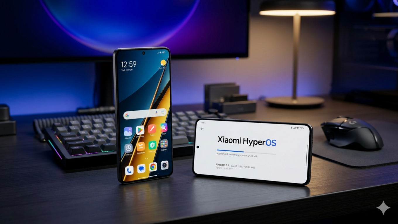 Dois smartphones Poco X6 Pro sobre uma mesa de escritório moderna com iluminação LED. O aparelho da esquerda exibe a tela inicial colorida do HyperOS, enquanto o da direita, deitado na horizontal, mostra uma interface oficial de atualização de sistema da Xiaomi com a barra de progresso indicando o novo HyperOS 3.1. Ao fundo, um setup tecnológico com teclado mecânico e monitor desfocado em tons de azul e roxo.