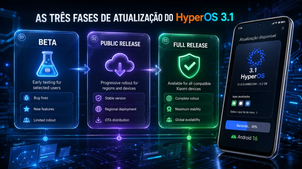POCO F7 e POCO X8 Pro recebem HyperOS 3.1 hoje, 29/06/2026, nas regiões Global e Europa. Veja o changelog completo, as 3 fases de atualização e o que fazer se não chegou ainda.
