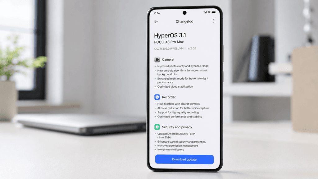 Changelog oficial do HyperOS 3.1 para POCO X8 Pro Max com melhorias de câmera, gravador e privacidade