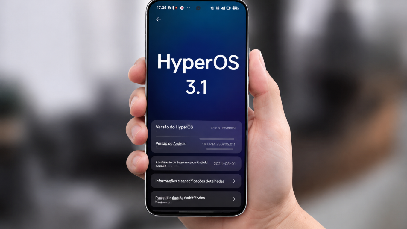 Imagem promocional em alta qualidade mostrando um smartphone Xiaomi centralizado com a interface oficial do HyperOS 3.1 aberta na tela. O aparelho apresenta design premium com bordas finas, câmera frontal centralizada e acabamento sofisticado. O fundo desfocado mantém o foco total no dispositivo, destacando a nova atualização HyperOS 3.1 liberada para os modelos Xiaomi 14, POCO F7 e POCO X7 Pro.