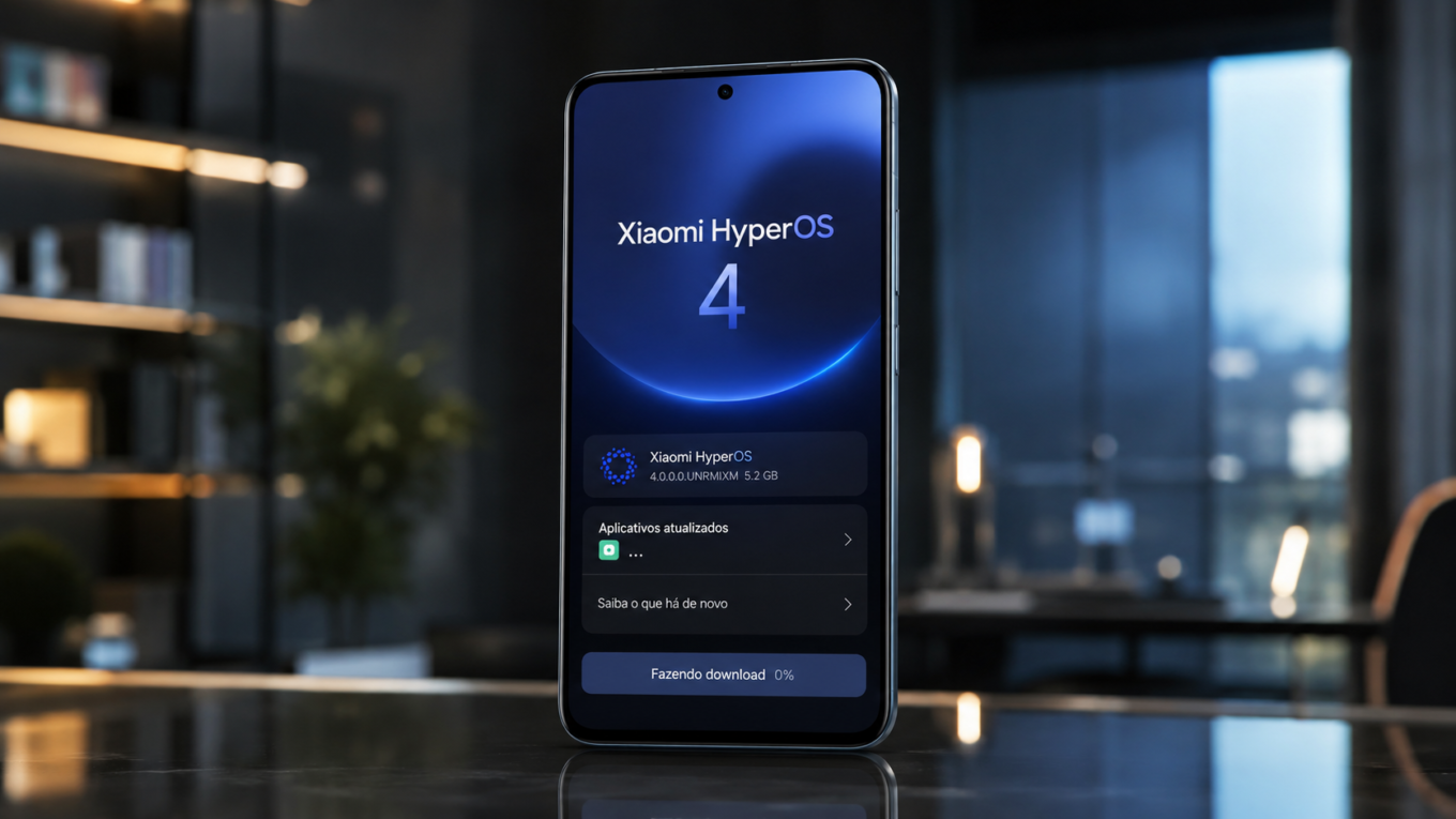 HyperOS 4 design Liquid Glass exibido em smartphone Xiaomi premium com interface moderna, tela escura azul, efeito de vidro líquido, iluminação profissional e acabamento flagship.
