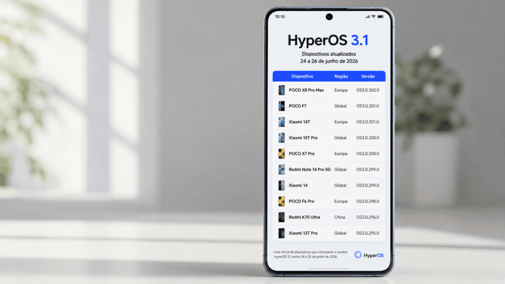  Tabela visual com POCO X8 Pro Max, POCO F7, Xiaomi 14T, Xiaomi 15T Pro e outros modelos recebendo HyperOS 3.1 em junho de 2026