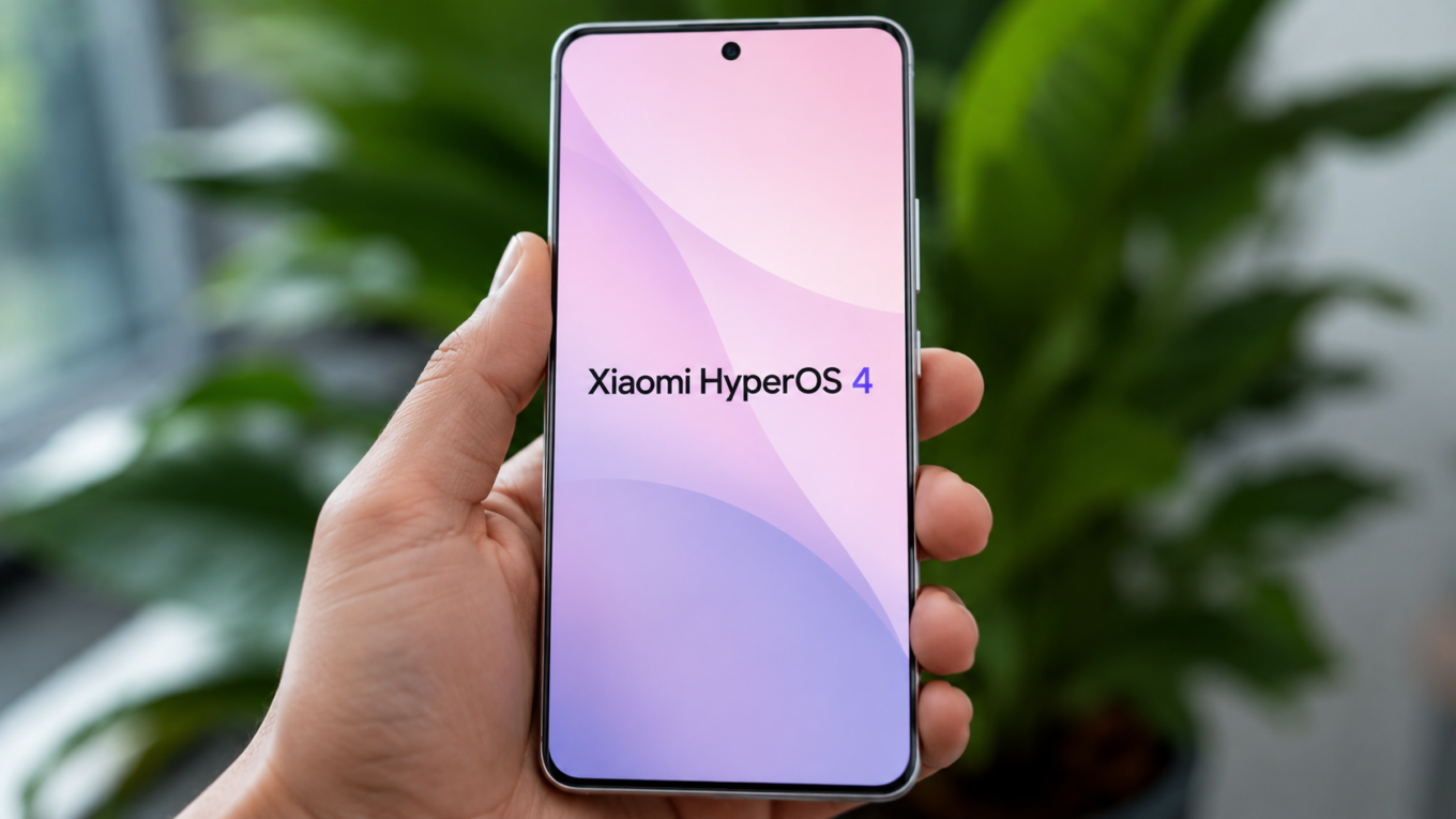 Xiaomi HyperOS 4 exibido na tela de um smartphone segurado por uma mão, destacando a nova geração do sistema operacional da Xiaomi. A imagem representa as mudanças do HyperOS 4 com arquitetura Rust + Flutter, o fim da compatibilidade entre ROM China e Global e a nova interface Liquid Glass prevista para milhões de celulares Xiaomi, Redmi e POCO.