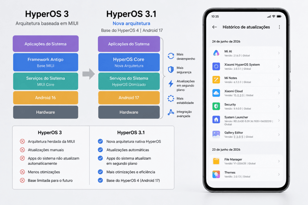 Diagrama comparando a arquitetura do HyperOS 3 baseado em MIUI com a nova arquitetura do HyperOS 3.1 que serve de base para o HyperOS 4