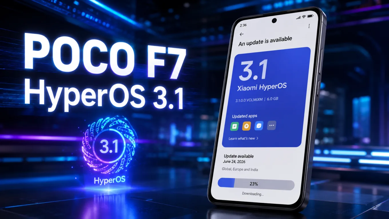 POCO F7 recebe HyperOS 3.1 hoje: o que muda no seu celular. Smartphone POCO F7 exibindo a atualização HyperOS 3.1 com lançamento em 24 de junho de 2026 para as regiões Global, Europa e Índia, em um cenário tecnológico futurista com iluminação azul e roxa.