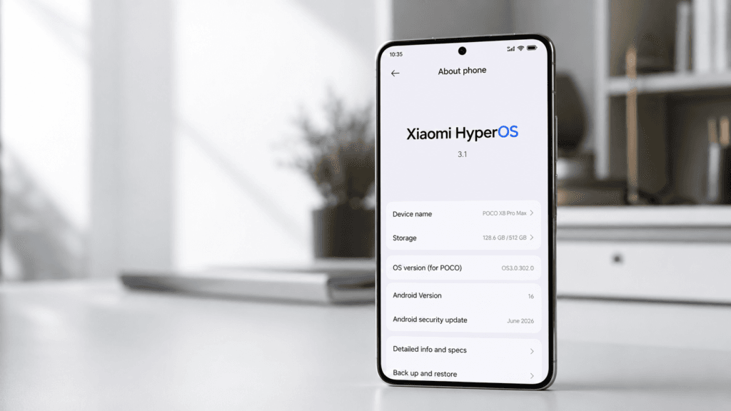 Tela do POCO X8 Pro Max exibindo o HyperOS 3.1 com patch de segurança de junho de 2026
Contexto: Captura de tela do sistema mostrando a versão da compilação OS3.0.302.0