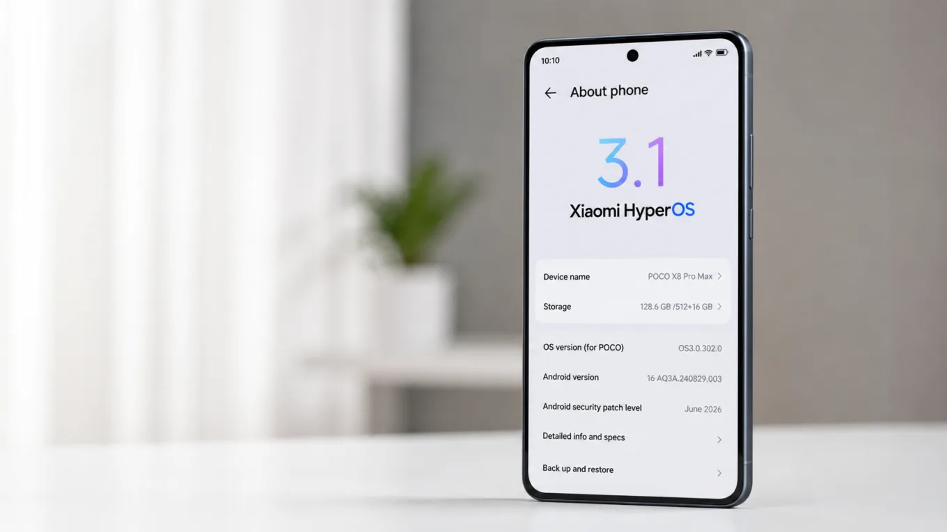 POCO X8 Pro Max exibindo a tela "Sobre o telefone" com Xiaomi HyperOS 3.1, versão OS3.0.302.0 e patch de segurança Android de junho de 2026 em ambiente minimalista.