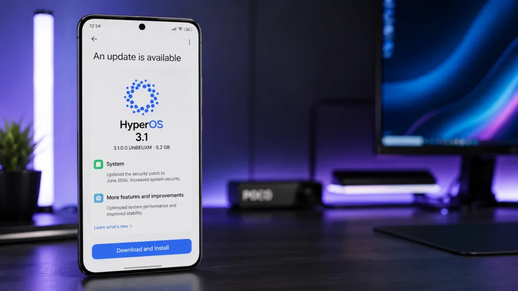 Tela do POCO F7 mostrando atualização HyperOS 3.1 disponível na região Global