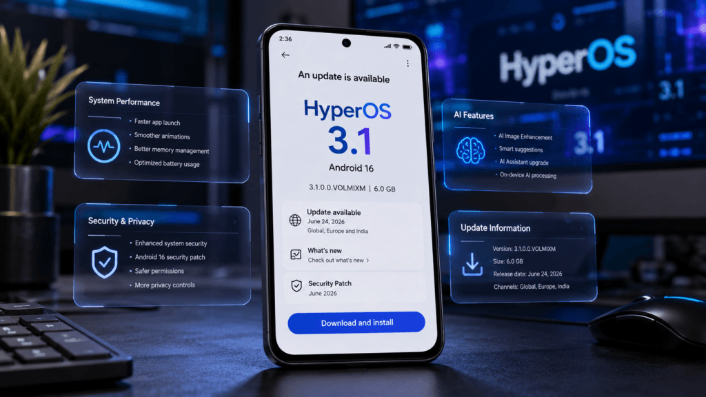  Tela do POCO F7 mostrando notificação de atualização do HyperOS 3.1 disponível