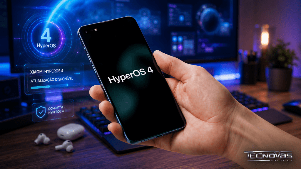 Smartphone Xiaomi mostrando o HyperOS 4 na tela, com hologramas de atualização e compatibilidade ao redor, em um escritório tecnológico moderno com iluminação neon azul e roxa. Conceito visual representando a nova atualização HyperOS 4 para dispositivos Xiaomi, Redmi e POCO.