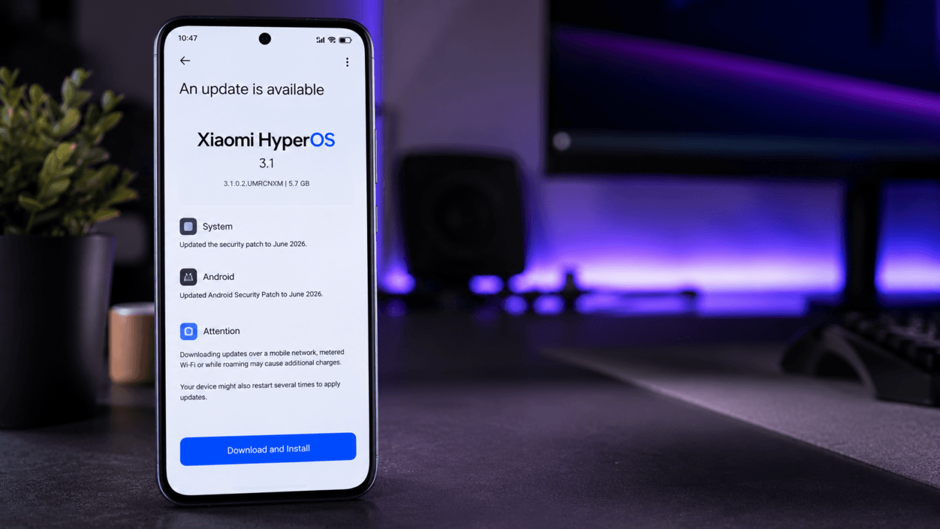 POCO F7 Global exibindo a atualização oficial HyperOS 3.1 Public Release baseada no Android 16, destacando a atualização em massa liberada hoje pela Xiaomi para POCO F7, POCO X8 Pro, Xiaomi 15 e outros celulares.