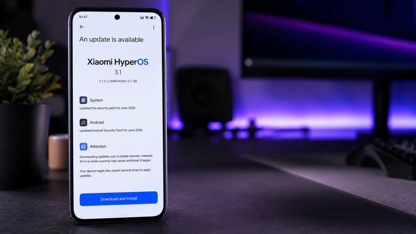 POCO F7 Global exibindo a atualização oficial HyperOS 3.1 Public Release baseada no Android 16, destacando a atualização em massa liberada hoje pela Xiaomi para POCO F7, POCO X8 Pro, Xiaomi 15 e outros celulares.