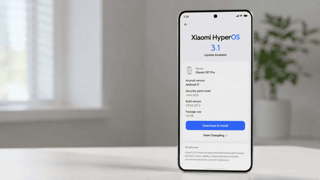 HyperOS 3.1 chega ao Xiaomi 15T Pro com Android 17 2 Xiaomi 15T Pro exibindo a tela de atualização do Xiaomi HyperOS 3.1 com Android 17, compilação OS3.3.0.333.0 e patch de segurança de junho de 2026 disponível para instalação.