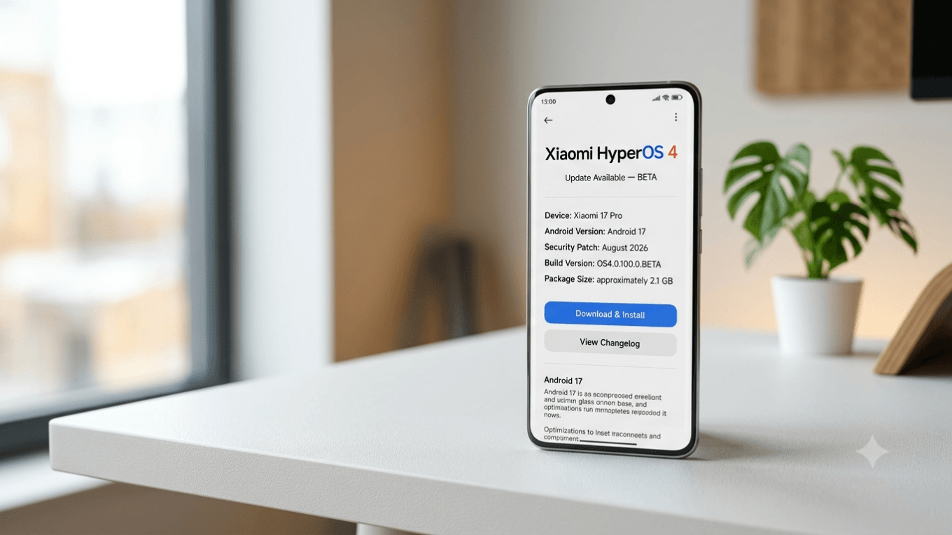 Smartphone Xiaomi 17 Pro em pé sobre uma mesa clara exibindo a tela de atualização do HyperOS 4 BETA com Android 17.