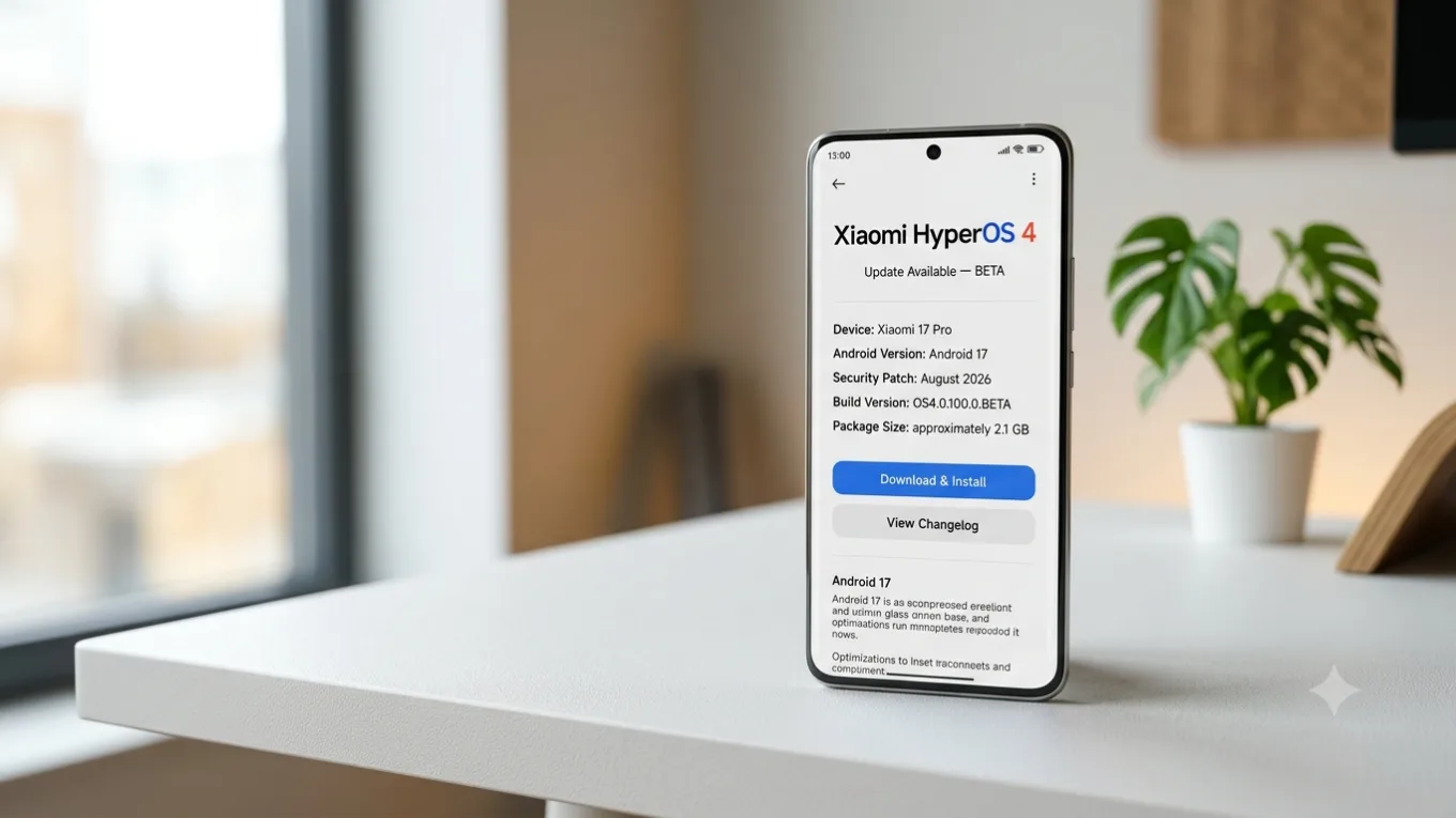 Smartphone Xiaomi 17 Pro em pé sobre uma mesa clara exibindo a tela de atualização do HyperOS 4 BETA com Android 17.