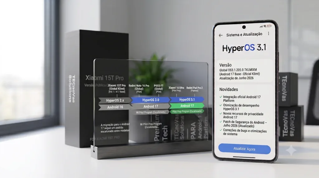 HyperOS 3 baseado no Android 17 começou a chegar ao Xiaomi 17, Xiaomi 17 Ultra e Xiaomi 15T Pro. Veja versões, tamanho e regiões liberadas.