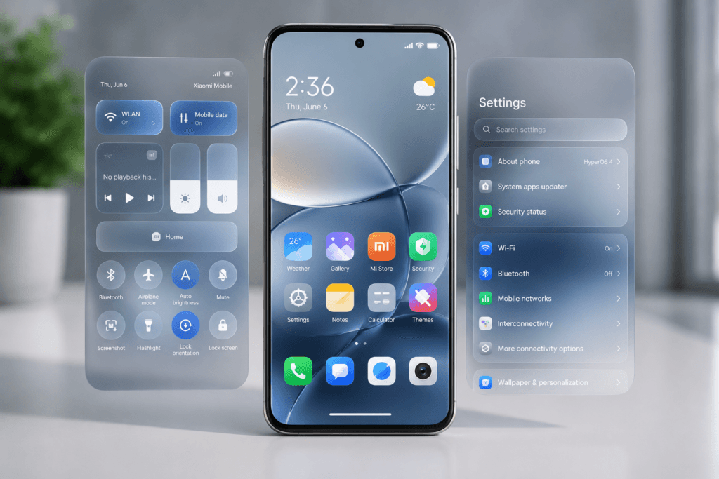  interface redesenhada do Xiaomi HyperOS 4 com efeito Liquid Glass