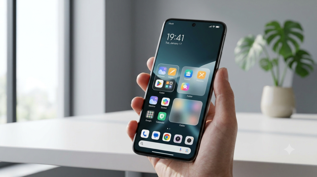 HyperOS 4 chega mais cedo: Xiaomi confirma 9 celulares com Android 17 3 tela inicial do HyperOS 4 com efeito de vidro e novas pastas
Contexto: posicionar na seção sobre o V8 Launcher