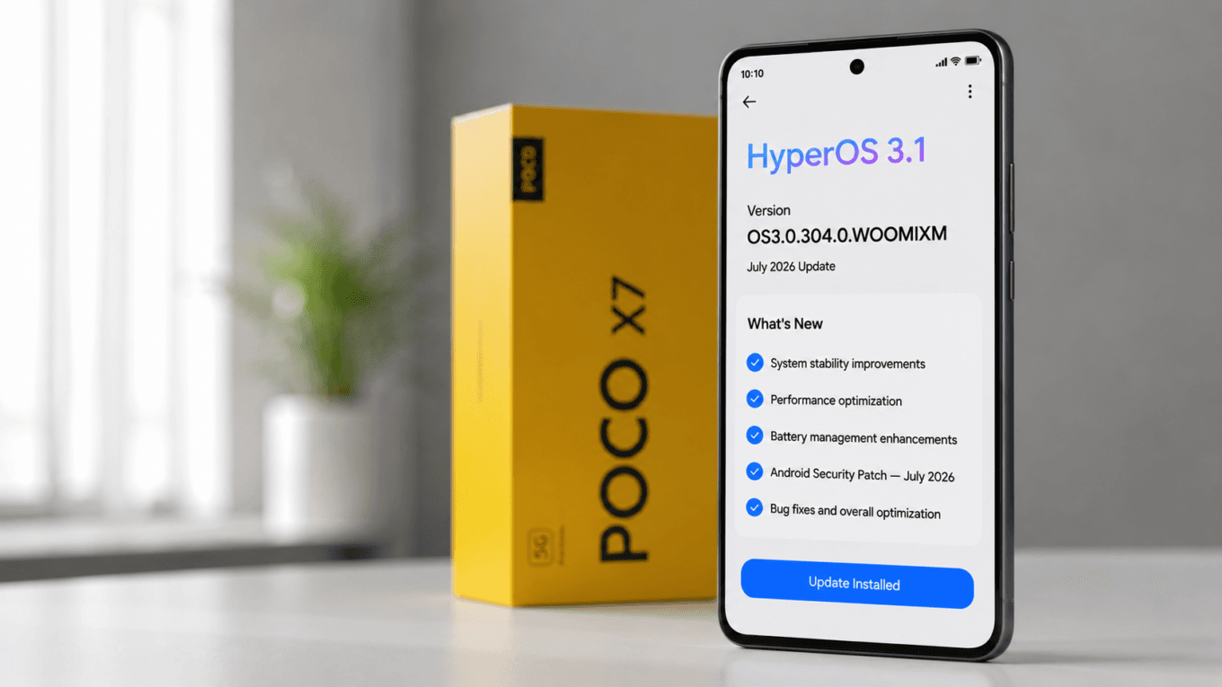 Smartphone POCO X7 exibindo a tela de atualização da compilação HyperOS 3.0.304.0.WOOMIXM do HyperOS 3.1 com patch de julho ao lado da caixa oficial.