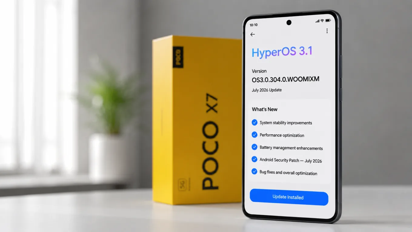 Smartphone POCO X7 exibindo a tela de atualização da compilação HyperOS 3.0.304.0.WOOMIXM do HyperOS 3.1 com patch de julho ao lado da caixa oficial.