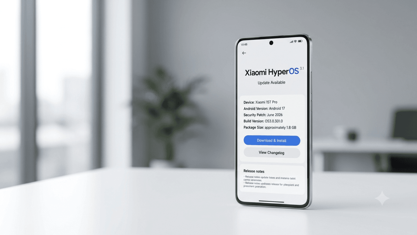 Xiaomi 15T Pro mostrando atualização HyperOS 3.1 com Android 17 disponível