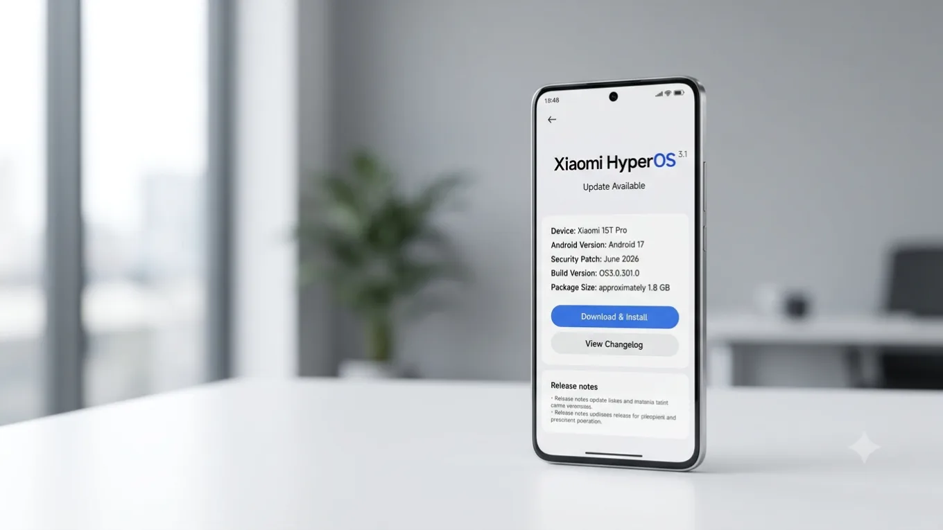 Xiaomi 15T Pro mostrando atualização HyperOS 3.1 com Android 17 disponível
