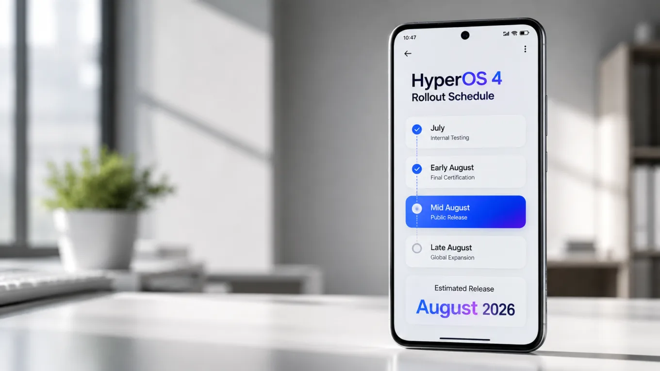 Xiaomi HyperOS 4 exibido em um smartphone Xiaomi com cronograma oficial de lançamento mostrando testes em julho, certificação em agosto e previsão de lançamento público do HyperOS 4 em agosto de 2026.