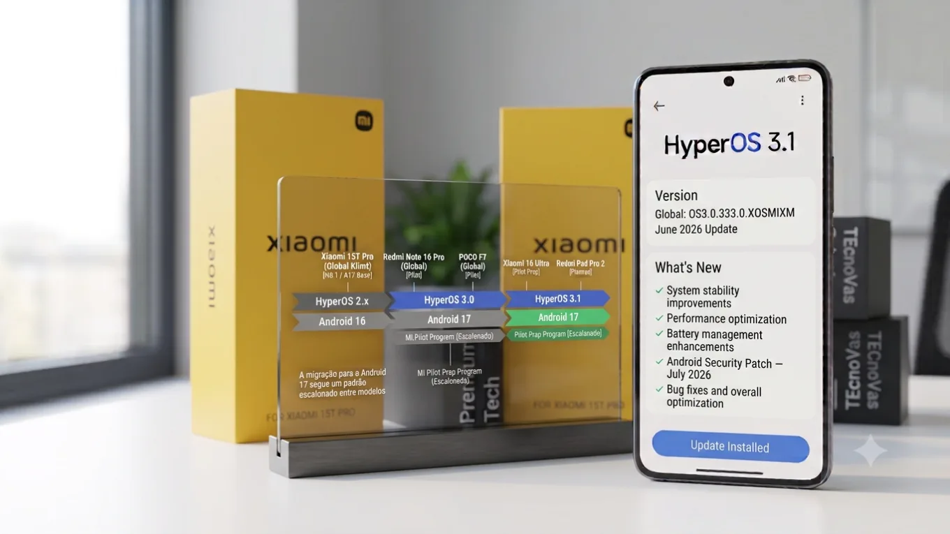 Smartphone Xiaomi 15T Pro posicionado verticalmente sobre uma mesa branca fosca, exibindo na tela a interface de atualização do HyperOS 3.1 com Android 17. Ao fundo, aparecem a caixa amarela oficial do aparelho e um suporte de acrílico com a linha do tempo de atualizações do sistema.