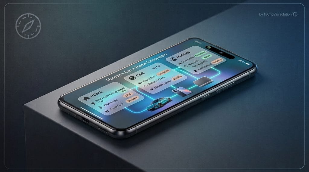 Ecossistema Xiaomi conectando smartphone, carro e casa inteligente.