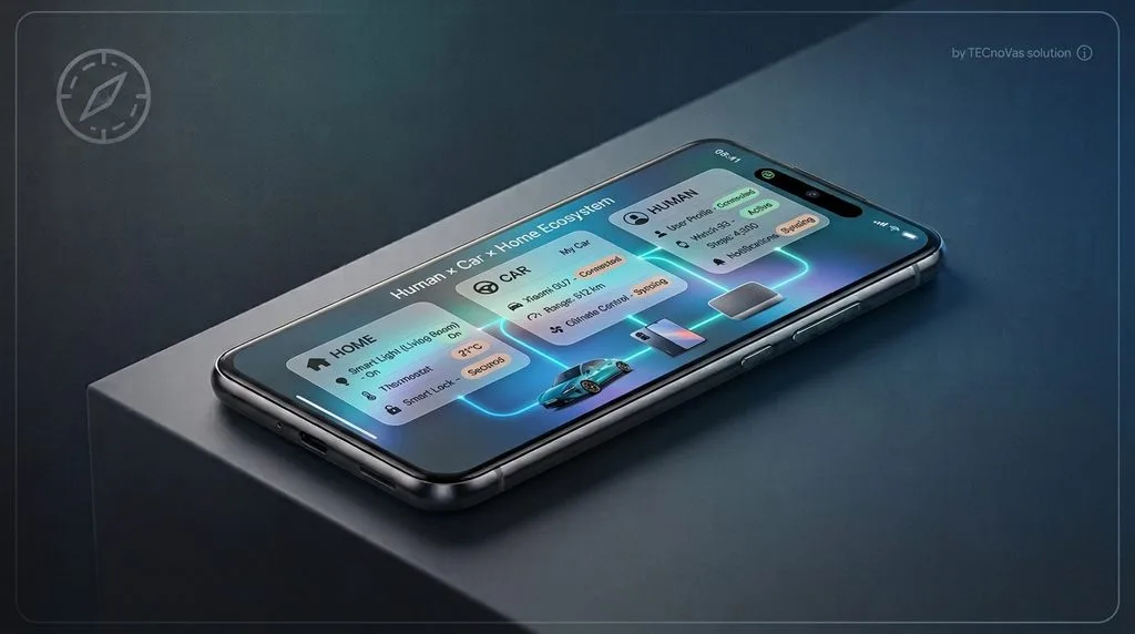 Ecossistema Xiaomi conectando smartphone, carro e casa inteligente.