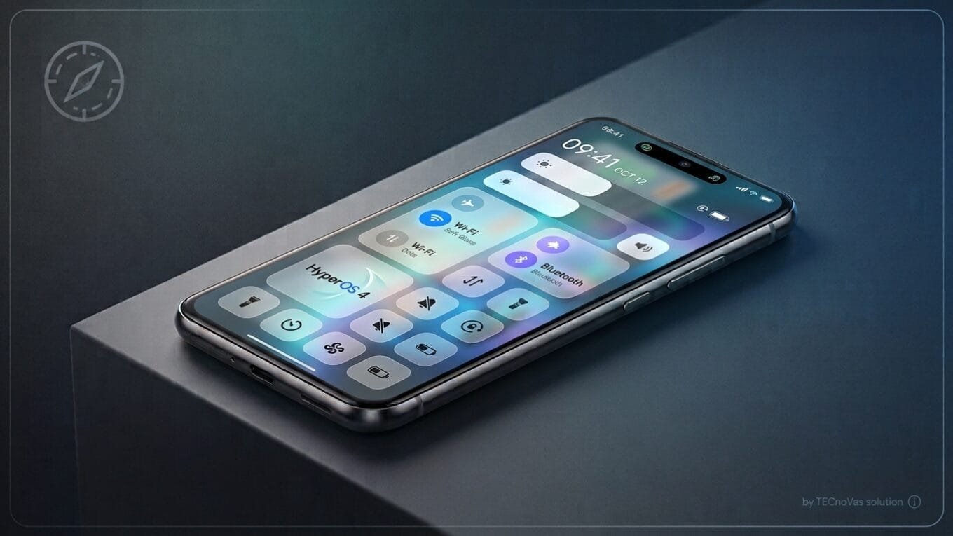 Fotografia em close-up de um smartphone moderno apoiado em uma superfície geométrica escura, com a tela ligada exibindo a nova interface do HyperOS 4. O display mostra um 