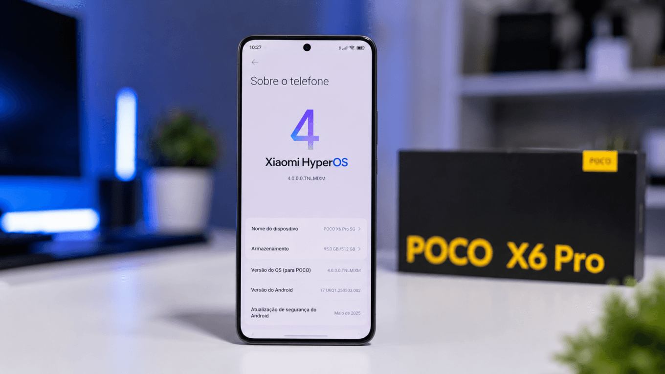 POCO X6 Pro com tela de configurações mostrando versão do HyperOS 4