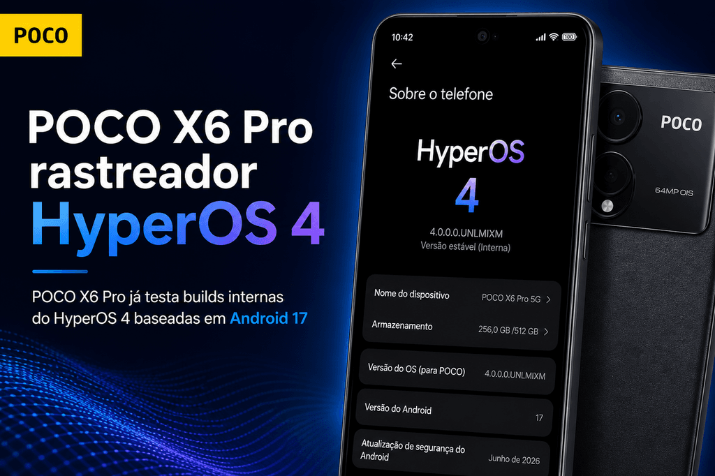 POCO X6 Pro com tela de configurações mostrando versão do HyperOS 4