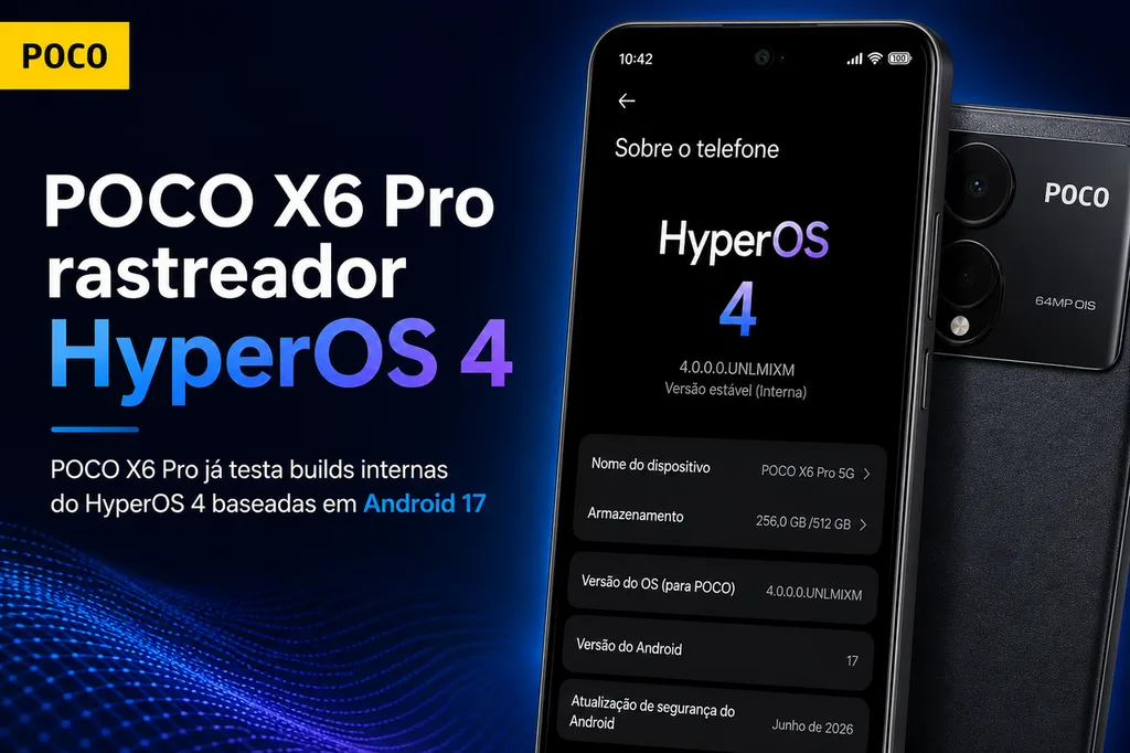 HyperOS 4 no POCO X6 Pro: rastreador completo da atualização 4 POCO X6 Pro com tela de configurações mostrando versão do HyperOS 4