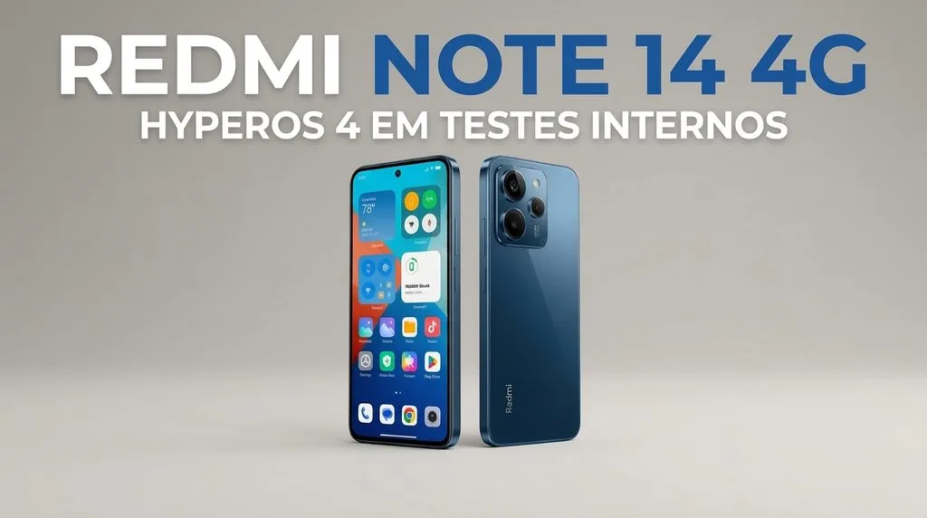 Uma imagem promocional horizontal em um fundo cinza claro. No topo, o texto em grandes letras brancas e azuis lê-se: "REDMI NOTE 14 4G" com a legenda menor em branco abaixo: "HYPEROS 4 EM TESTES INTERNOS". Abaixo do texto, há dois smartphones Redmi Note 14 4G na cor azul escura. O da esquerda é mostrado de frente, com a tela ligada exibindo uma interface de usuário com vários widgets coloridos e ícones de aplicativos. O da direita é mostrado de traseira, com um módulo de câmera circular contendo duas lentes grandes e uma pequena, e o logo "Redmi" na parte inferior.