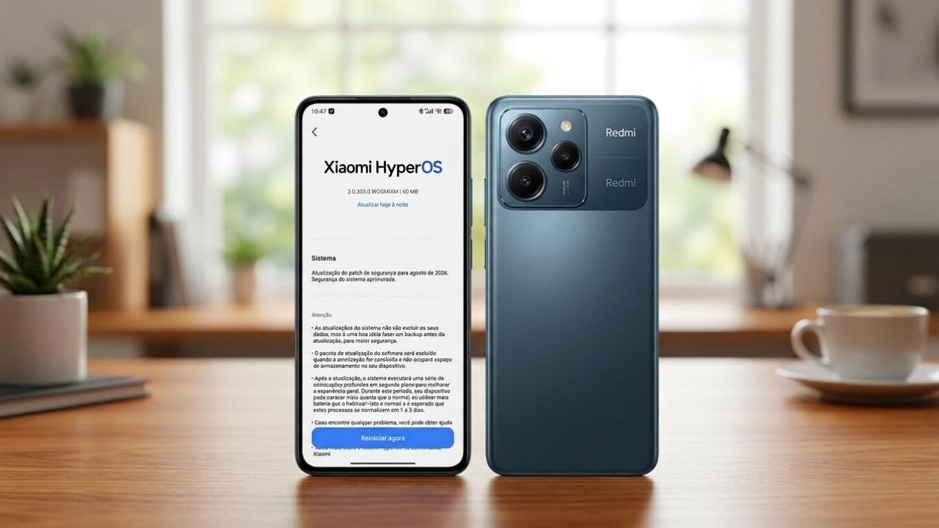 Uma imagem em close-up do smartphone Redmi Note 14 4G, na cor azul, com a tela ligada e exibindo a interface do sistema HyperOS 3.1 da Xiaomi. O telefone está sobre uma superfície de madeira, e o fundo está desfocado.