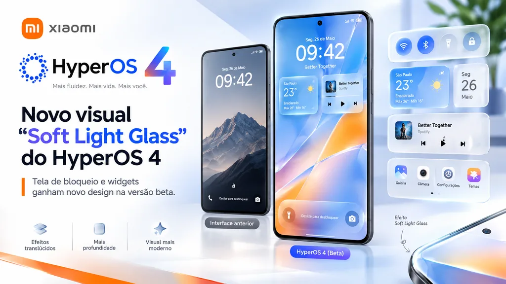 Comparação de interface mostrando o novo design translúcido do HyperOS 4.