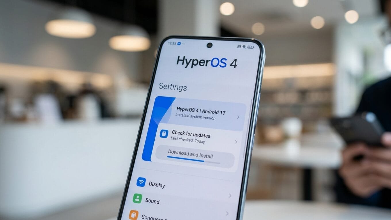 Tela de configurações mostrando atualização do HyperOS 4 no Android 17