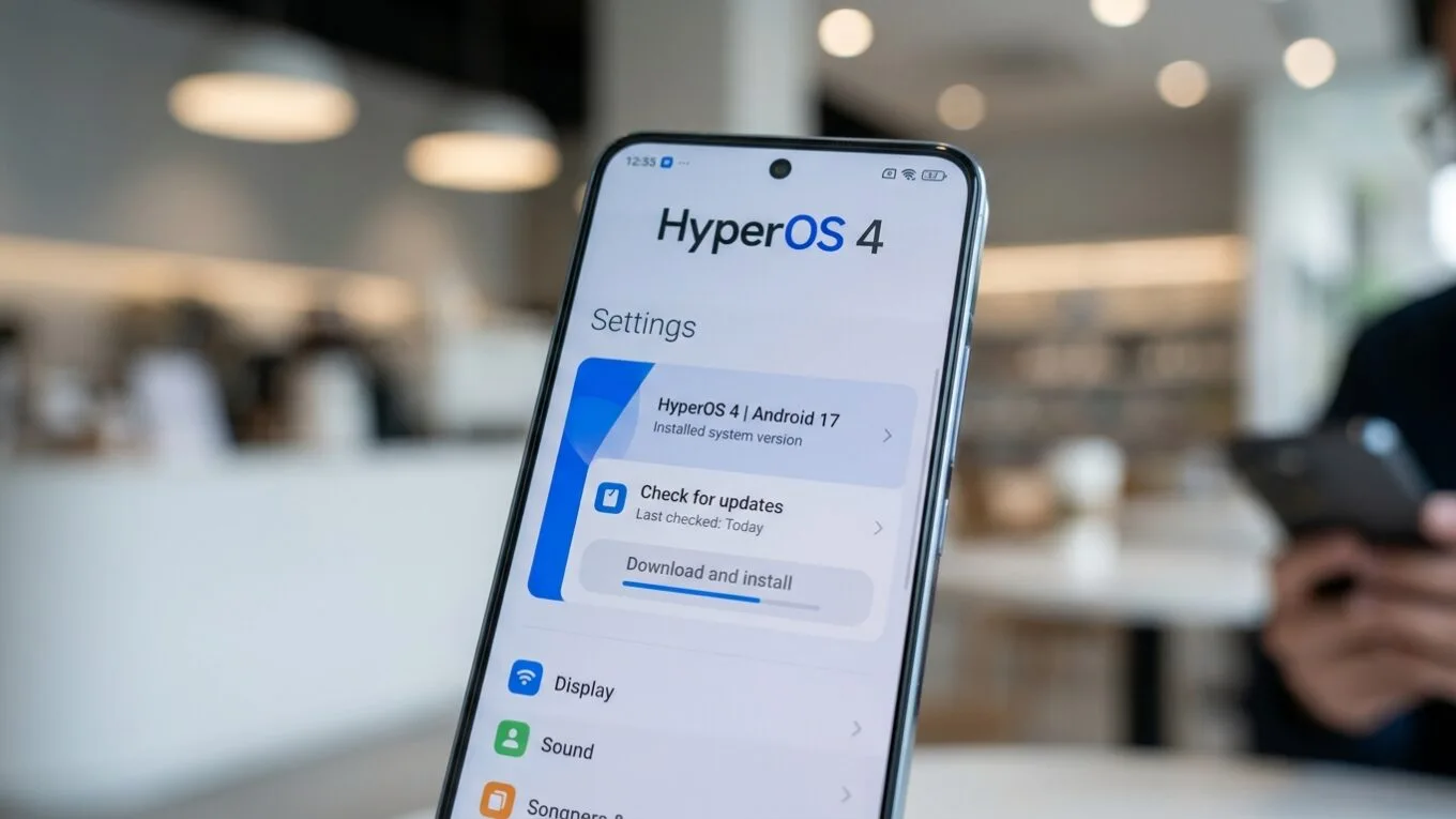 Tela de configurações mostrando atualização do HyperOS 4 no Android 17