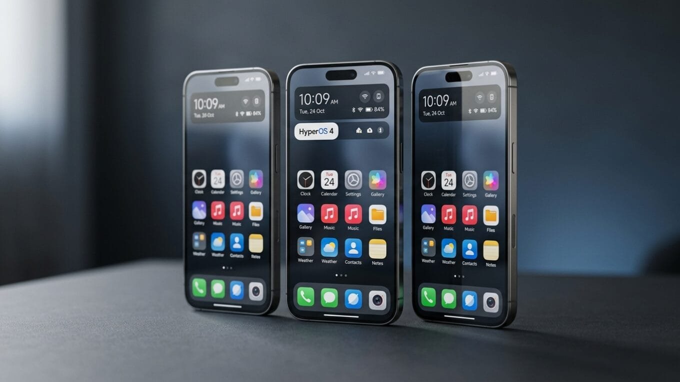 Três smartphones Android premium Poco F8 Pro,Poco X8 Pro e Poco X7 Pro pretos dispostos lado a lado em uma mesa cinza-escuro, levemente inclinados. O aparelho central está um pouco à frente e exibe um widget com o logo HyperOS 4 na tela acesa. Fundo desfocado em gradiente cinza-azulado com iluminação suave de estúdio.