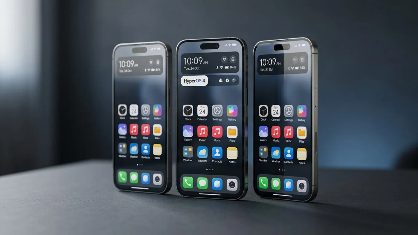 HyperOS 4 chega ao POCO F8 Pro, X8 Pro e X7 Pro? Veja o status 1 Três smartphones Android premium Poco F8 Pro,Poco X8 Pro e Poco X7 Pro pretos dispostos lado a lado em uma mesa cinza-escuro, levemente inclinados. O aparelho central está um pouco à frente e exibe um widget com o logo HyperOS 4 na tela acesa. Fundo desfocado em gradiente cinza-azulado com iluminação suave de estúdio.