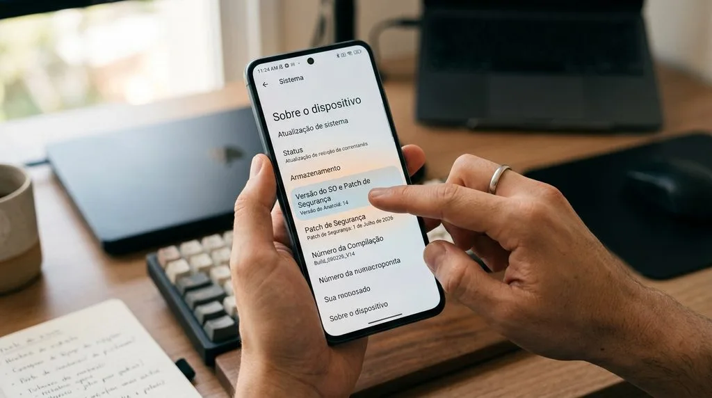 HyperOS 4 chega ao POCO F8 Pro, X8 Pro e X7 Pro? Veja o status 3 Verificação de Atualização no POCO X8 Pro: Tutorial passo a passo mostrando como acessar o menu "Sobre o dispositivo" nas configurações para checar a versão do Android e a data do patch de segurança no POCO X8 Pro.