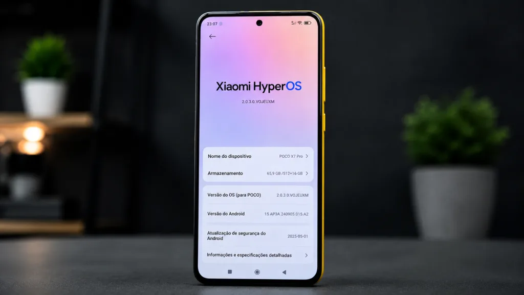 Tela do HyperOS mostrando o logotipo Xiaomi HyperOS e número da versão do sistema