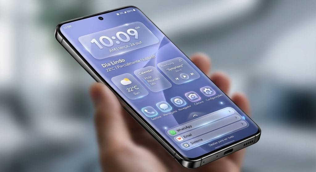 HyperOS 4 chega ao POCO F8 Pro, X8 Pro e X7 Pro? Veja o status 2 Uma captura de tela estilizada e recriada de uma interface de sistema operacional Android moderna. A imagem apresenta um close-up focado no conceito de
