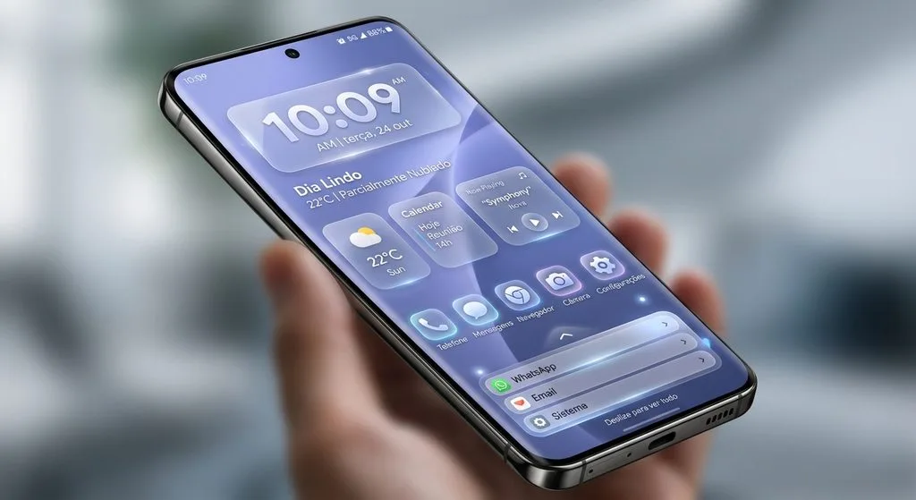 HyperOS 4 chega ao POCO F8 Pro, X8 Pro e X7 Pro? Veja o status 2 Uma captura de tela estilizada e recriada de uma interface de sistema operacional Android moderna. A imagem apresenta um close-up focado no conceito de "vidro suave translúcido", aplicando blur de fundo real (efeito glassmorphism) em painéis semitransparentes. O papel de parede é um gradiente abstrato azul-lavanda. No topo, um relógio digital grande exibe efeito de vidro e reflexo de luz sutil. Widgets arredondados flutuam sobre o fundo desfocado. Na parte inferior, uma pilha de notificações agrupada é expansível via gesto de deslizar. A iluminação interna simulada reage ao toque com pequenos brilhos. A perspectiva é levemente angulada, mostrando a borda física do smartphone segurando a tela para contexto editorial de produto real. Paleta de cores fria e elegante, alta produção visual típica de material de apresentação oficial.